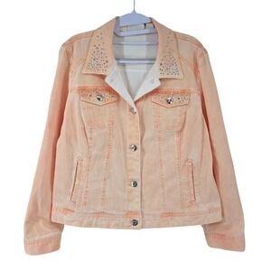 Chicos Platinum Studded Rhinestone Peach Denim Trucker Jacket Womens 2